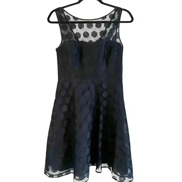 Betsey Johnson Illusion Navy Polka Dot Fit and Flare Party Dress Size 4 - Picture 1 of 7